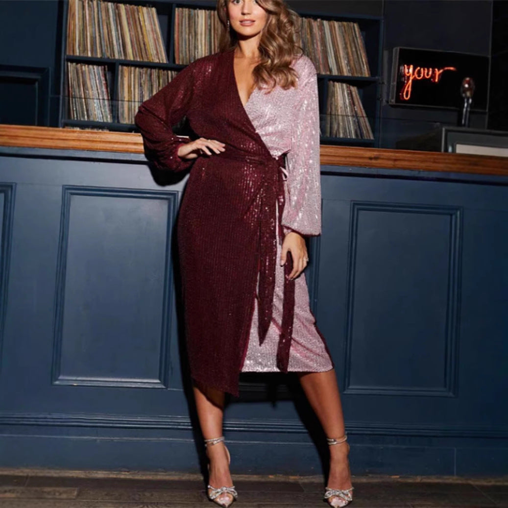 Dress for women – Slim fit wrap design – Midi length – Sequins – Long sleeves