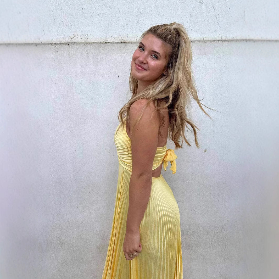 Dress for women – Maxi length – V-neck – Pleated chiffon – Spaghetti straps