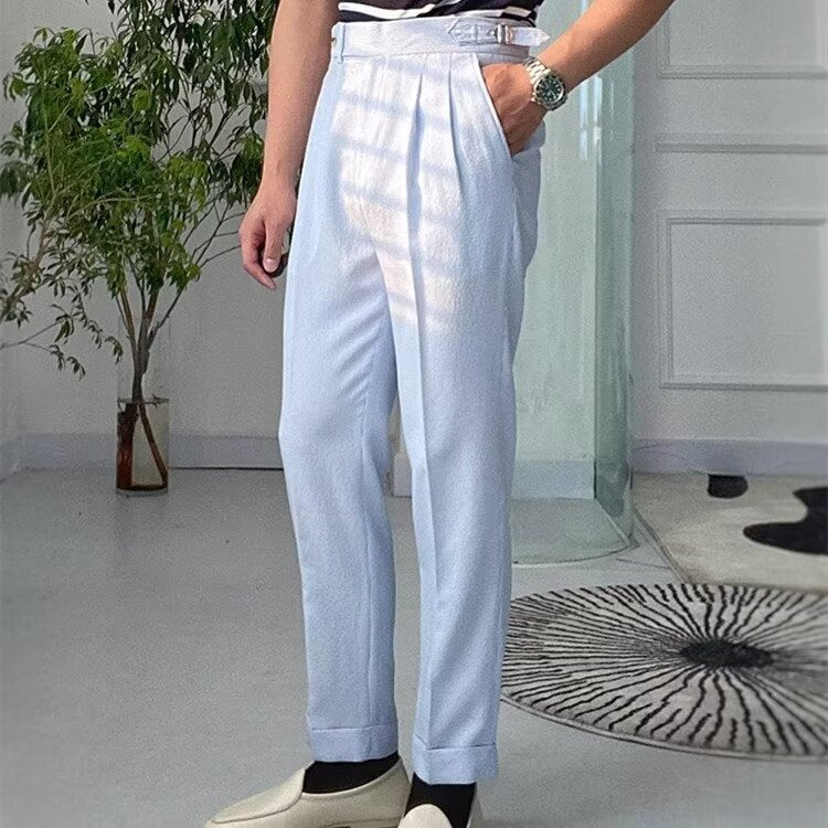 Breathable Textured Pleated High Waist Trousers