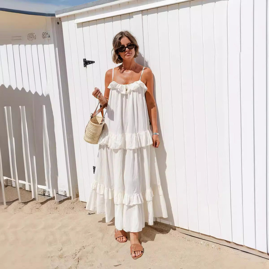 Cotton Blend Flowy Ruffle Maxi Dress