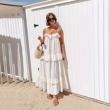 Cotton Blend Flowy Ruffle Maxi Dress