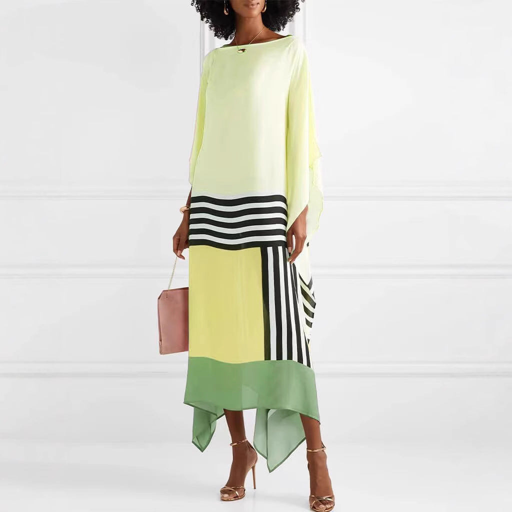 Women's Maxi Dress – One Shoulder – Loose Fit – Asymmetric Hem – Striped Design