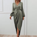 Dress for women – Long-sleeved – Satin look – V-neck – Slit – Ruched waist