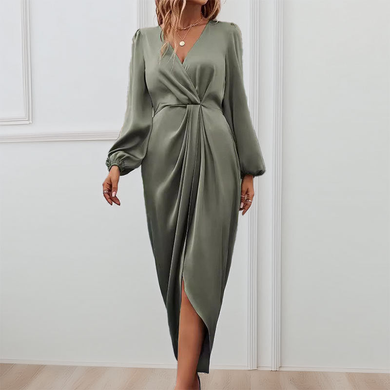 Dress for women – Long-sleeved – Satin look – V-neck – Slit – Ruched waist