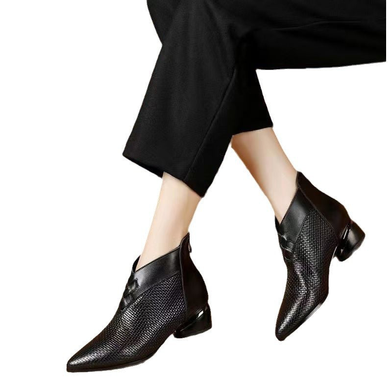 Women's Ankle Boots – Leather – Pointed Toe – Low Block Heel – Textured Panel