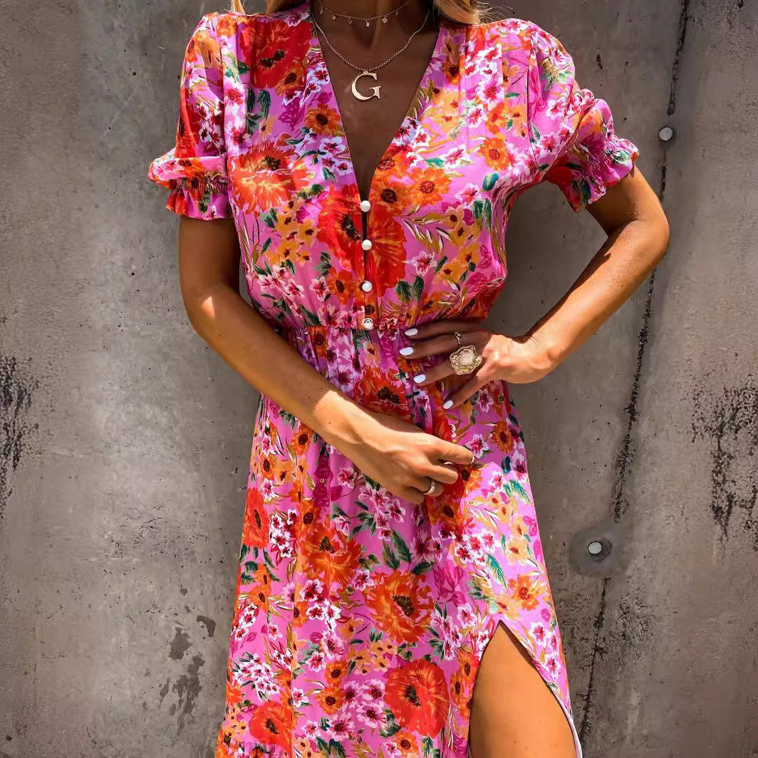 Women's Maxi Dress – V-Neck – Short Sleeve – Floral Print – Elastic Waist – Slit