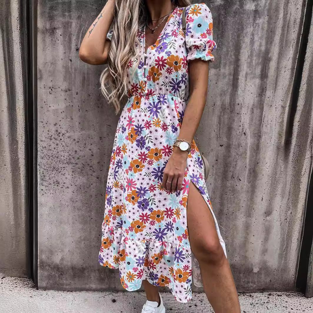 Women's Maxi Dress – V-Neck – Short Sleeve – Floral Print – Elastic Waist – Slit