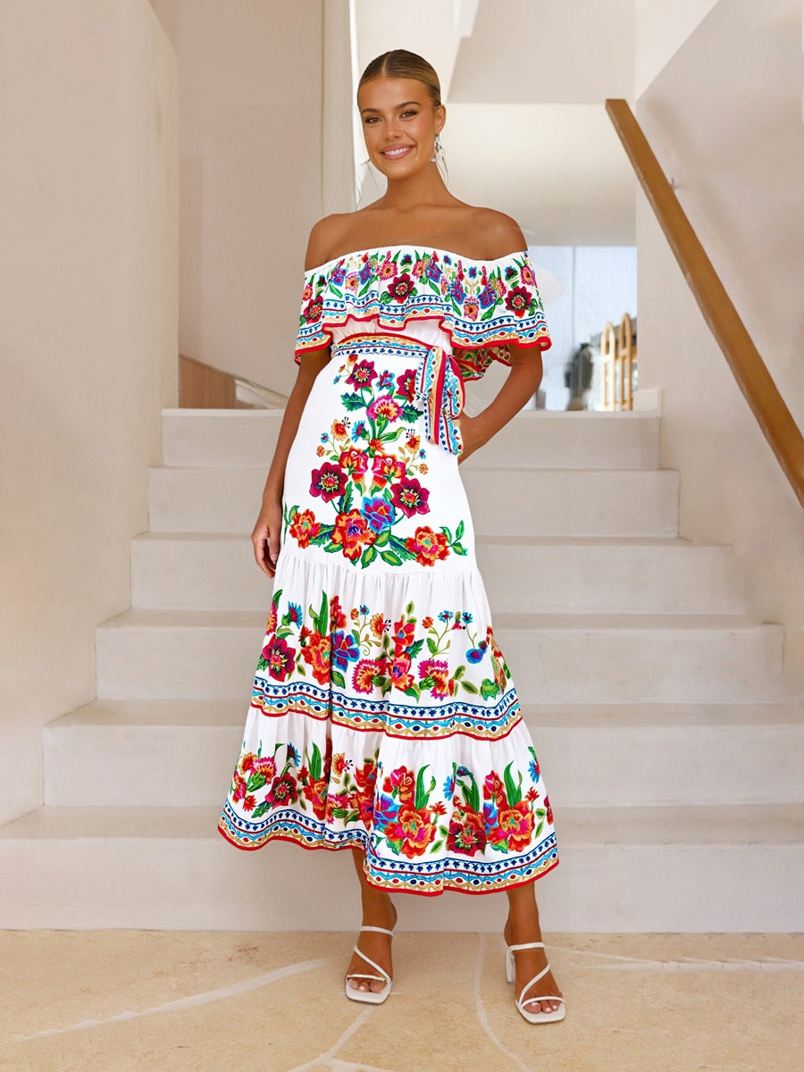 Women's Maxi Dress – Off-Shoulder – Floral Pattern – Ruched Bodice – Tiered Skirt