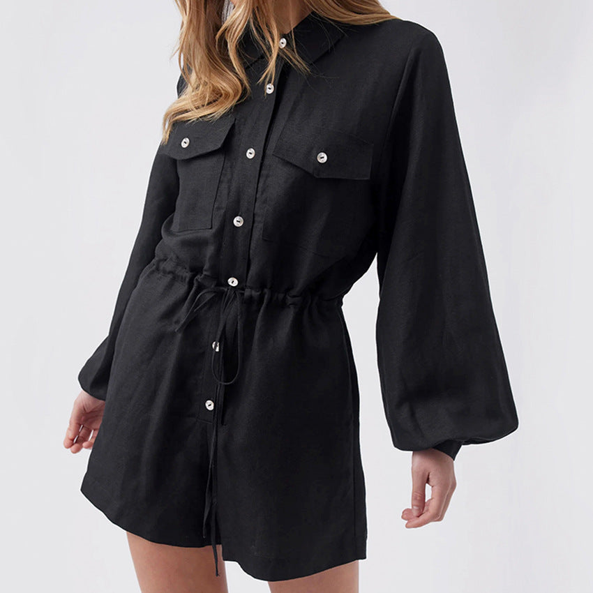 Women's Romper – Cotton Linen Blend – Relaxed Fit – Button Closure – Drawstring Waist