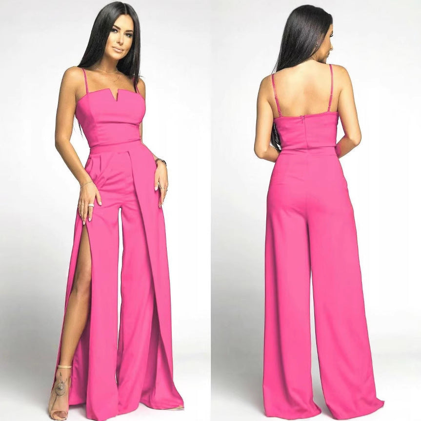 Strapless Wide Leg Front Slit Jumpsuit