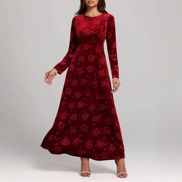 Velvet Floral Embossed A-Line Maxi Dress