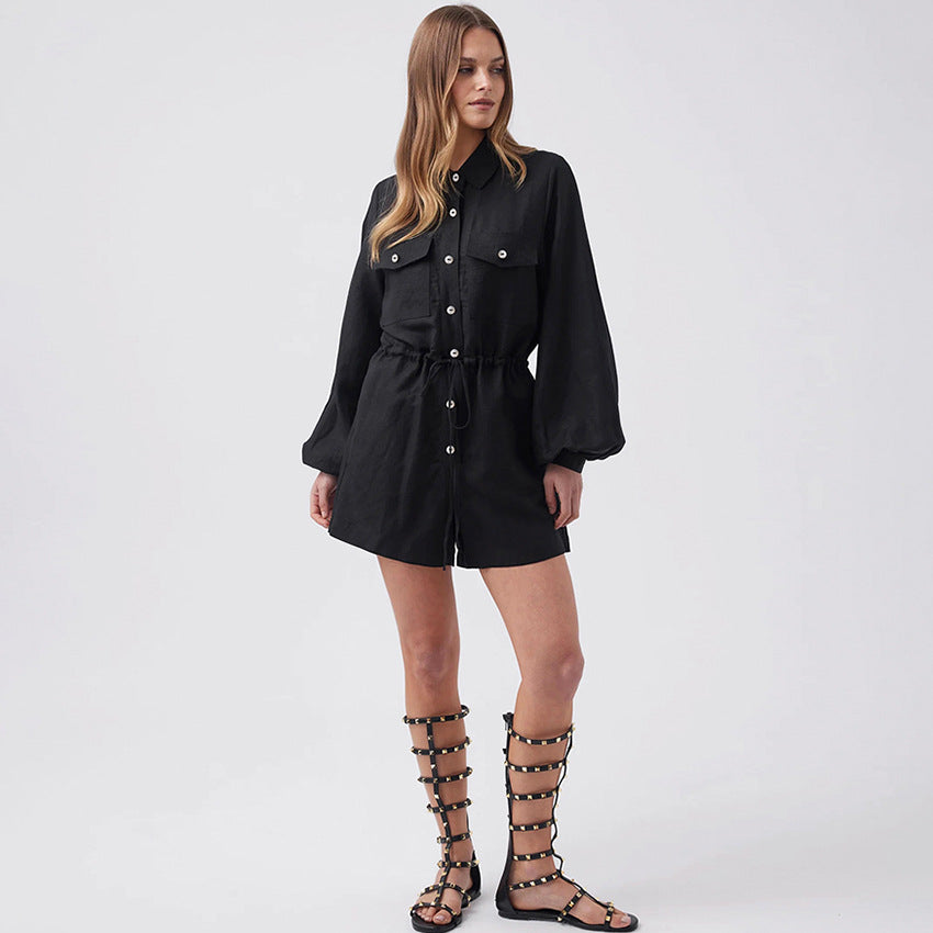 Women's Romper – Cotton Linen Blend – Relaxed Fit – Button Closure – Drawstring Waist