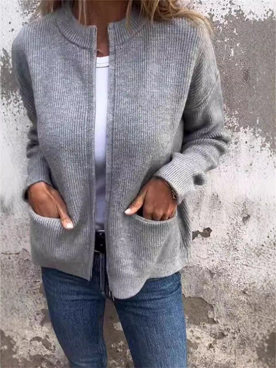 Ribbed Knit Loose Fit Stand-Up Collar Jacket