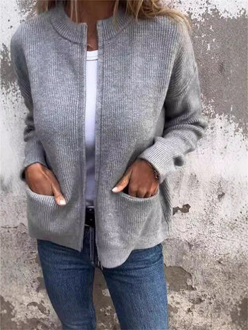 Ribbed Knit Loose Fit Stand-Up Collar Jacket