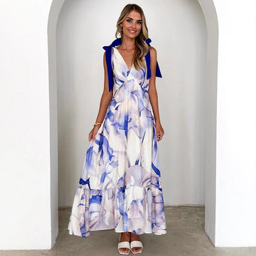 Light Fabric Printed Tie Strap Maxi Dress