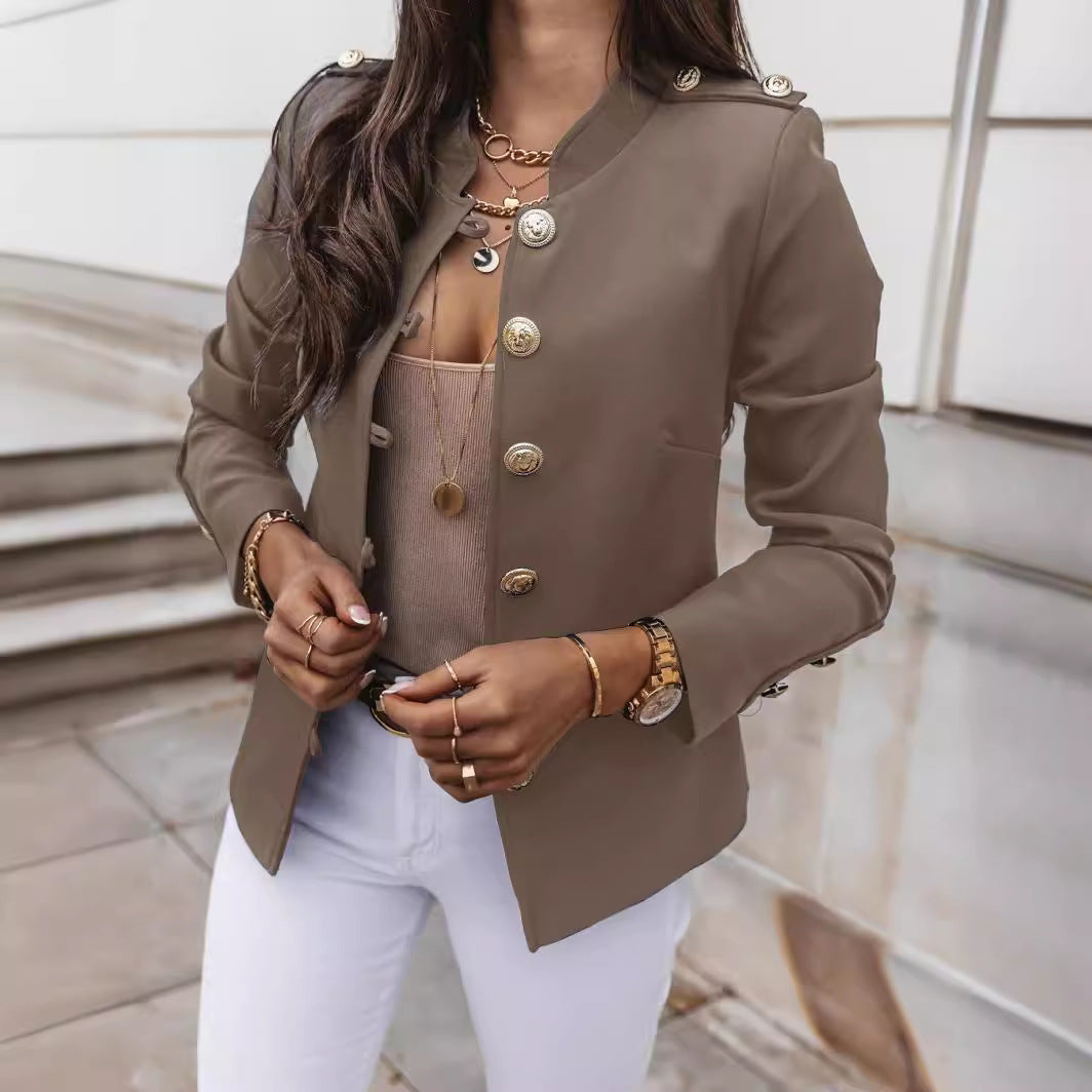 Slim Mandarin Collar Metallic Button Blazer