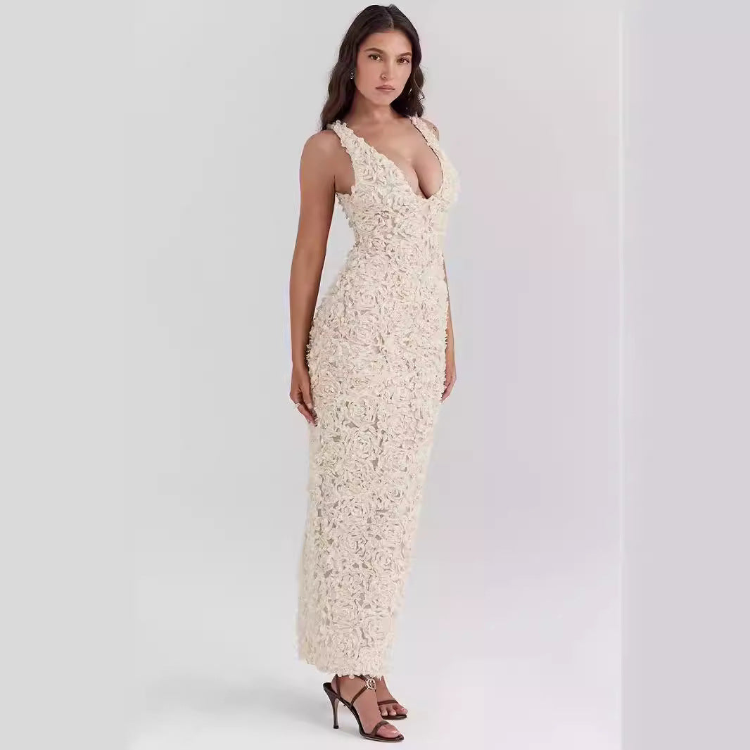 3D Floral Texture Slim Fit Party Dress