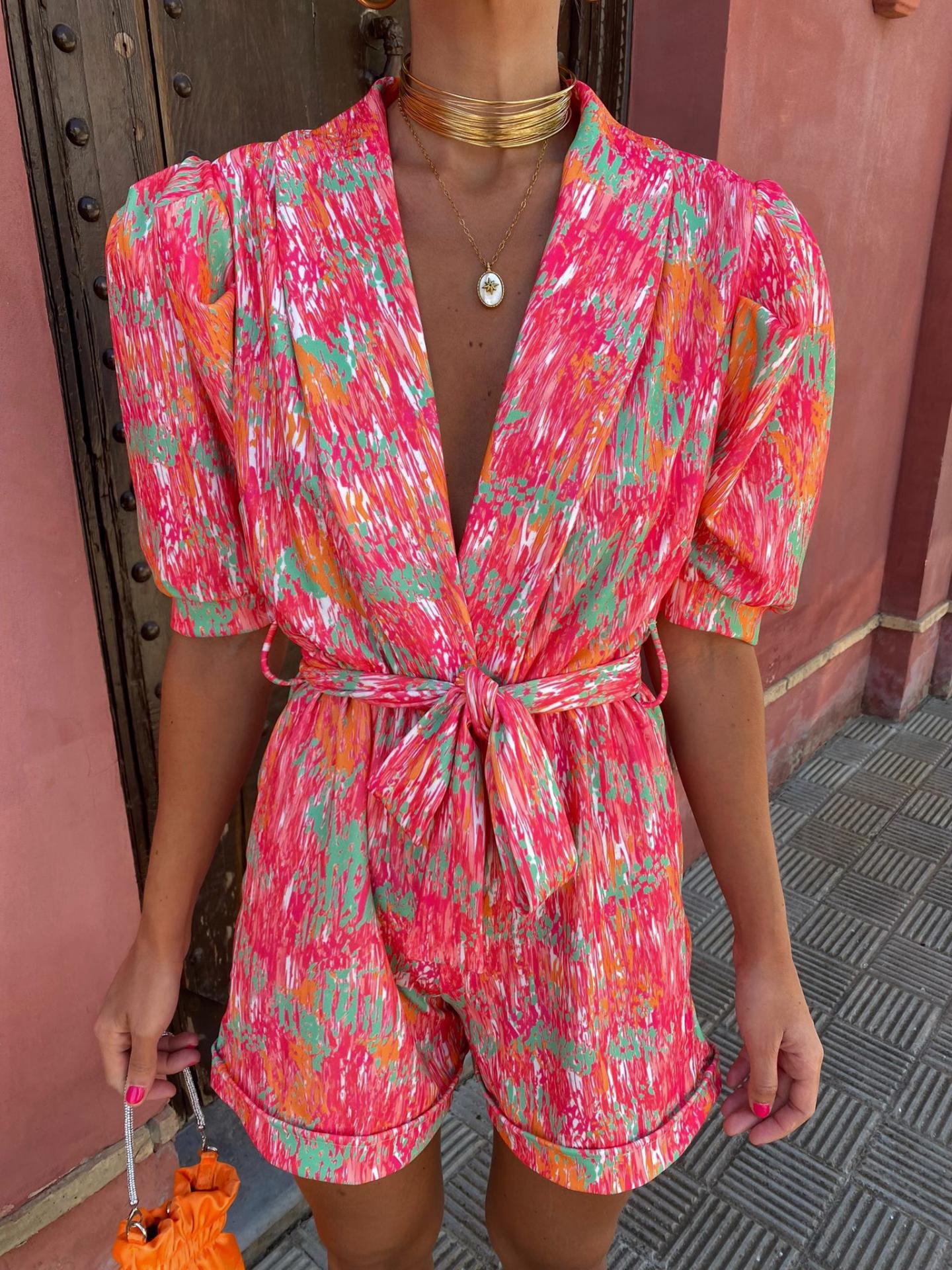 Women's Playsuit – Tailored Fit – Puff Sleeves – V-Neck – Belt – Print – Pockets