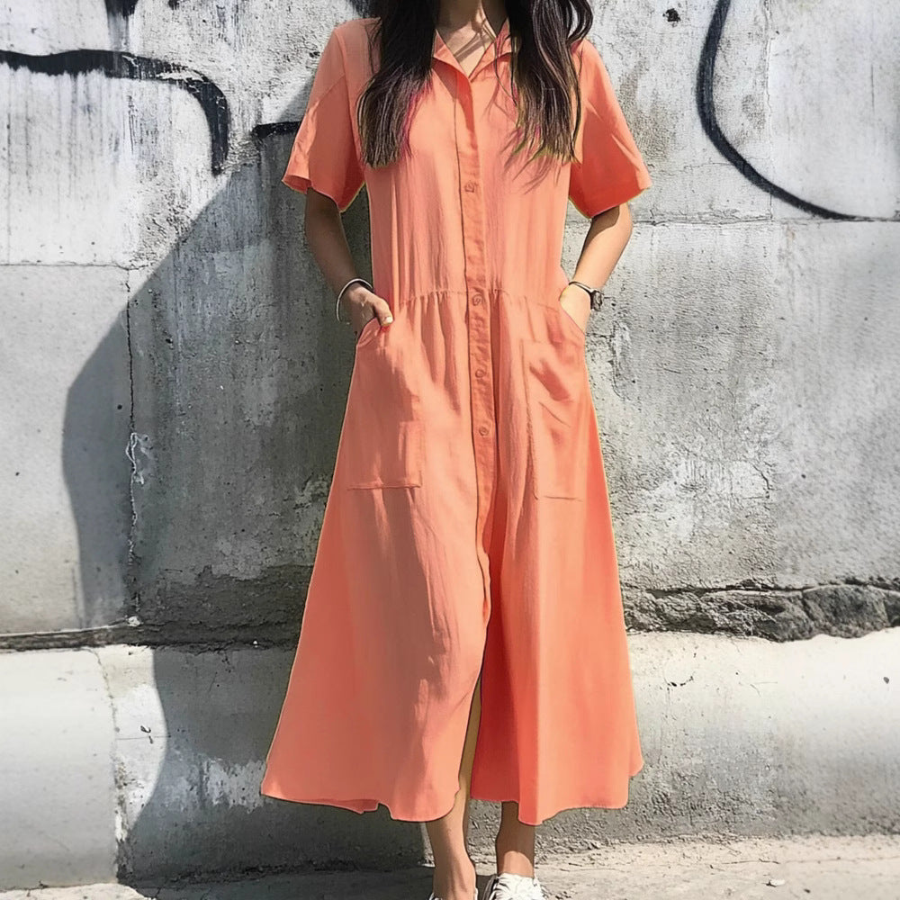 Cotton Blend Relaxed Button-Down Shirt Dress
