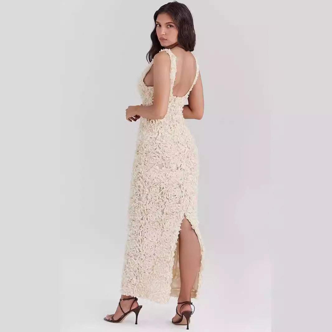 Dress for Women – Slim Fit – 3D Floral Texture – Sleeveless – Ankle-Length Party Dress