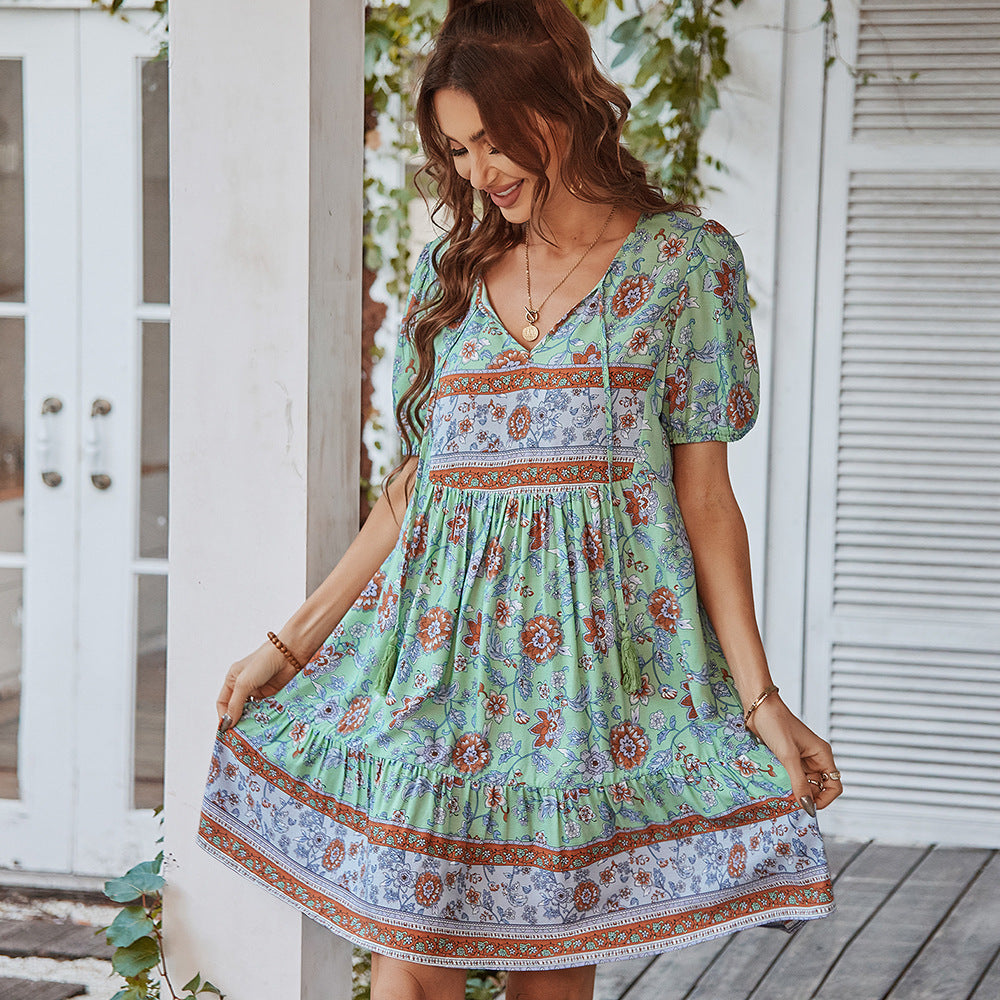 Cotton Floral Puff Sleeve A-line Mini Dress