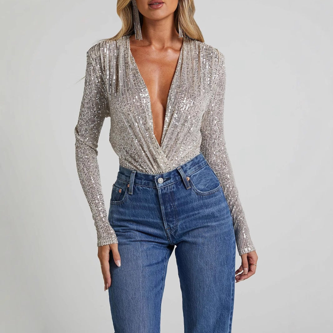 Sequin Deep V-Neck Long Sleeve Bodysuit