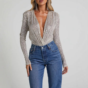 Sequin Deep V-Neck Long Sleeve Bodysuit