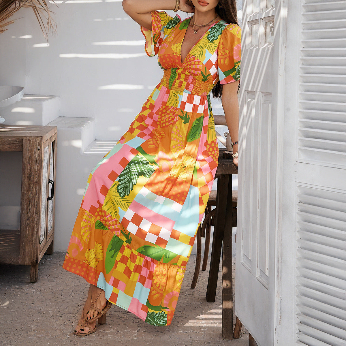 Women's Maxi Dress – Light Cotton – Relaxed Fit – V-Neck – High Waist – Short Sleeves