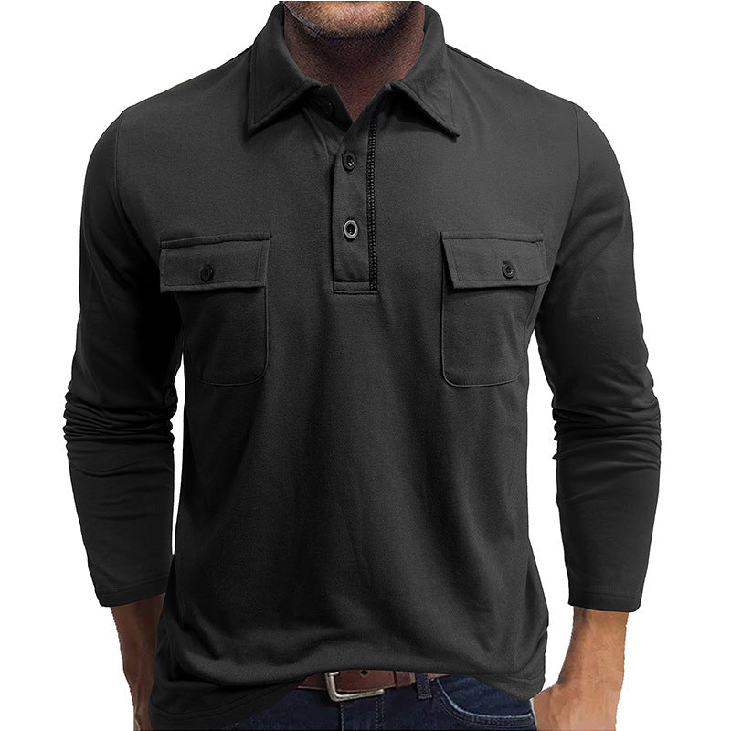 Flap Pocket Cotton Blend Long Sleeve Polo Shirt
