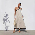 Women's Maxi Dress – One Shoulder – Relaxed Fit – Tie Belt – Wavy Hem – Breathable Fabric