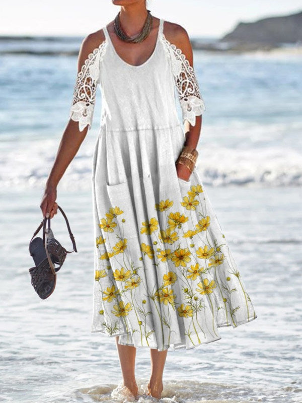Floral Print Flowing Cold Shoulder Lace Maxi Dress