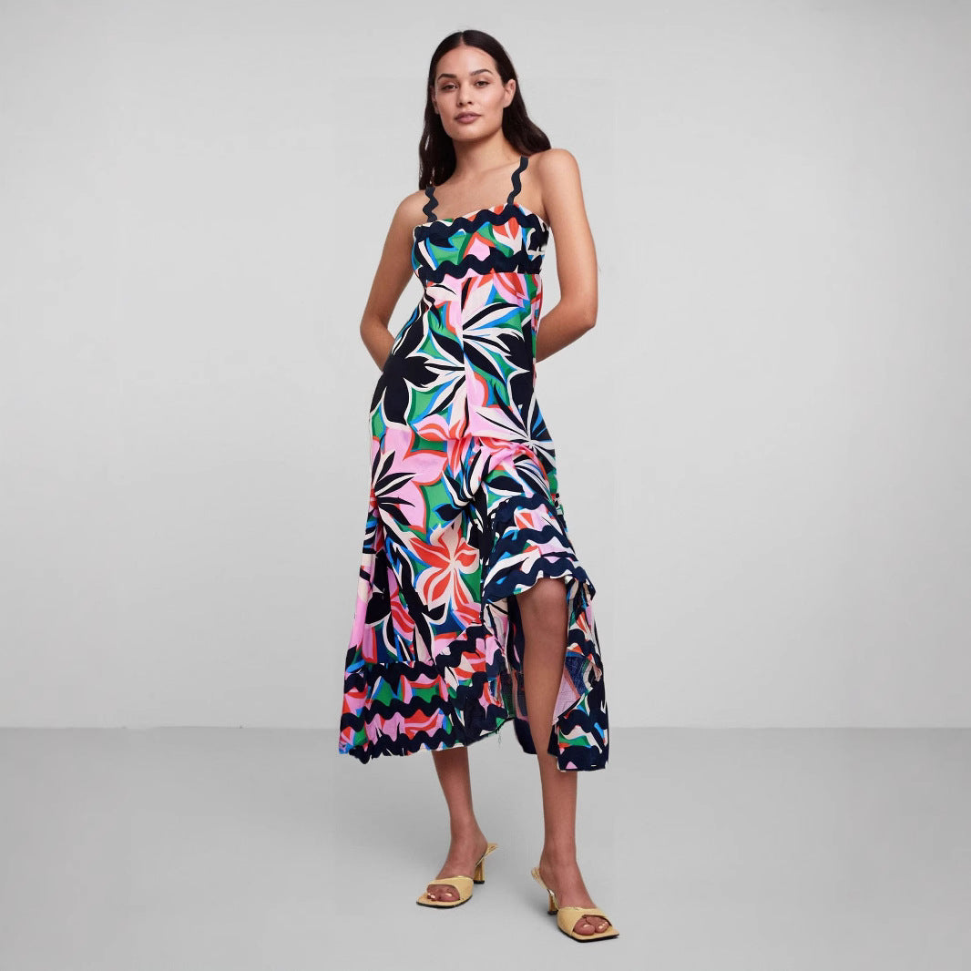 Women's Maxi Dress – Lightweight Material – Floral Print – Wavy Strap and Edge