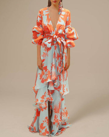 Printed Chiffon Belted Ruffle Maxi Dress