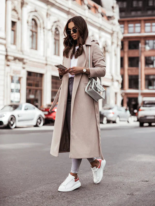 Wool Blend Double Breasted Belted Long Coat