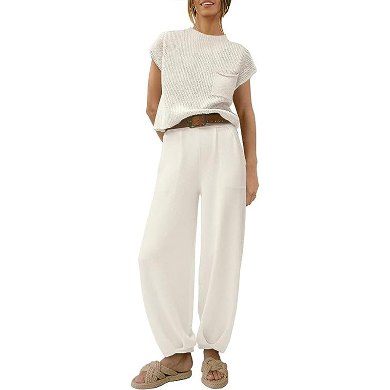 Women's Knit Set – Cropped Top with Chest Pocket – High-Waisted Wide Pants