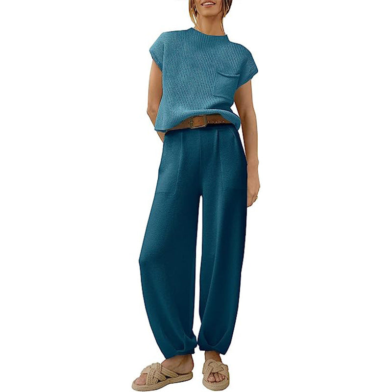 Women's Knit Set – Cropped Top with Chest Pocket – High-Waisted Wide Pants