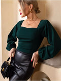 Women's Long-Sleeved Top – Slim Fit – Stretch Fabric – Square Neck – Puff Sleeves