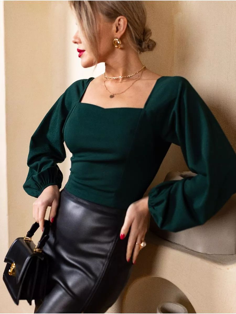 Women's Long-Sleeved Top – Slim Fit – Stretch Fabric – Square Neck – Puff Sleeves