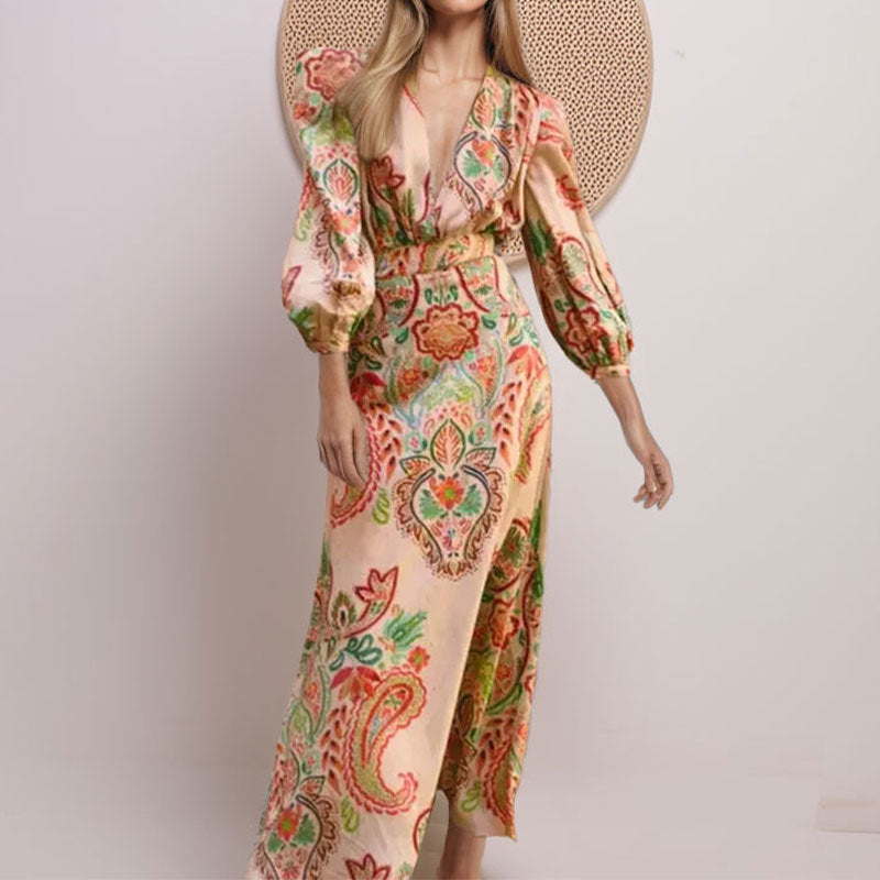 Dress for women – A-line cut – V-neck – Long sleeves – Paisley pattern