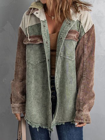 Corduroy Frayed Hem Oversized Hooded Jacket