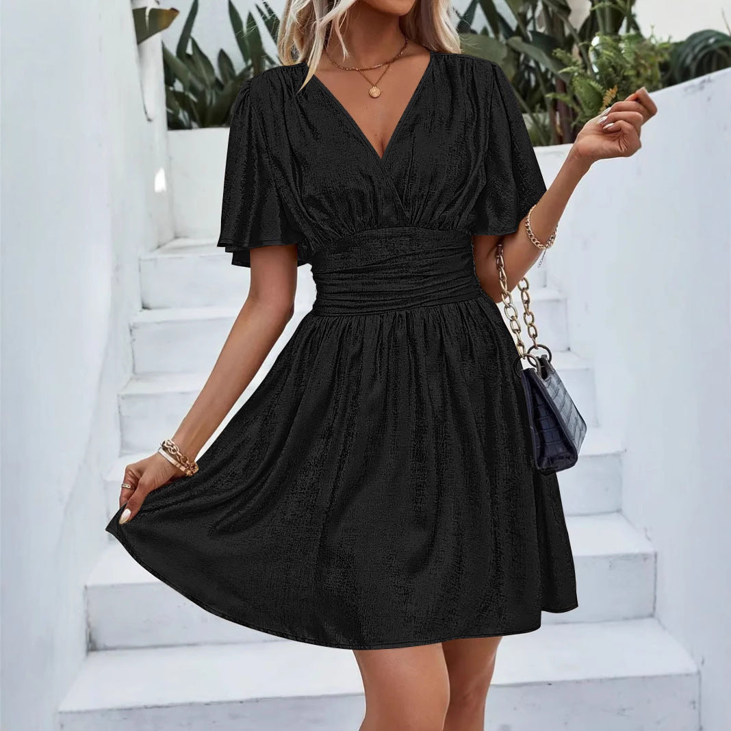 Shimmer Finish Flutter Sleeve Wrap Dress