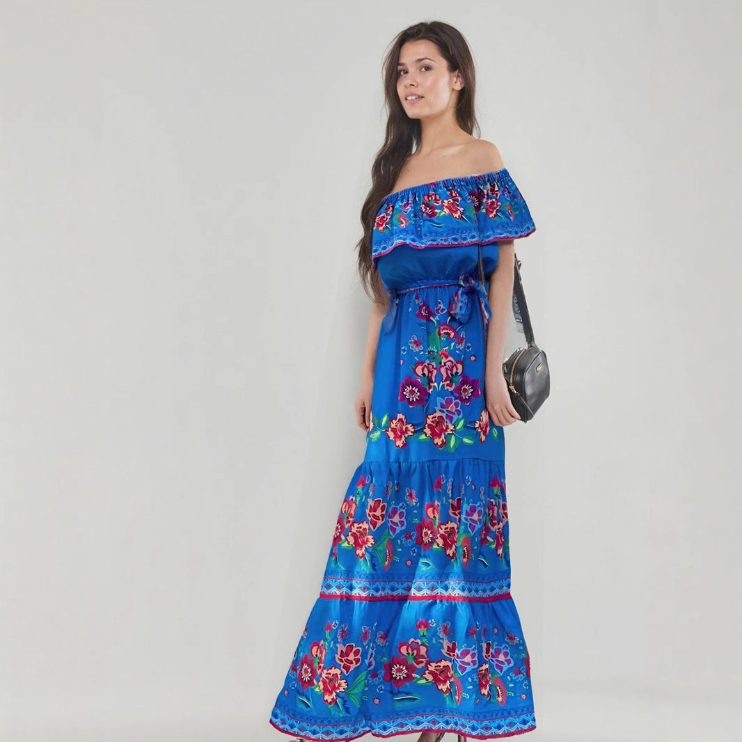 Women's Maxi Dress – Off-Shoulder – Floral Pattern – Ruched Bodice – Tiered Skirt