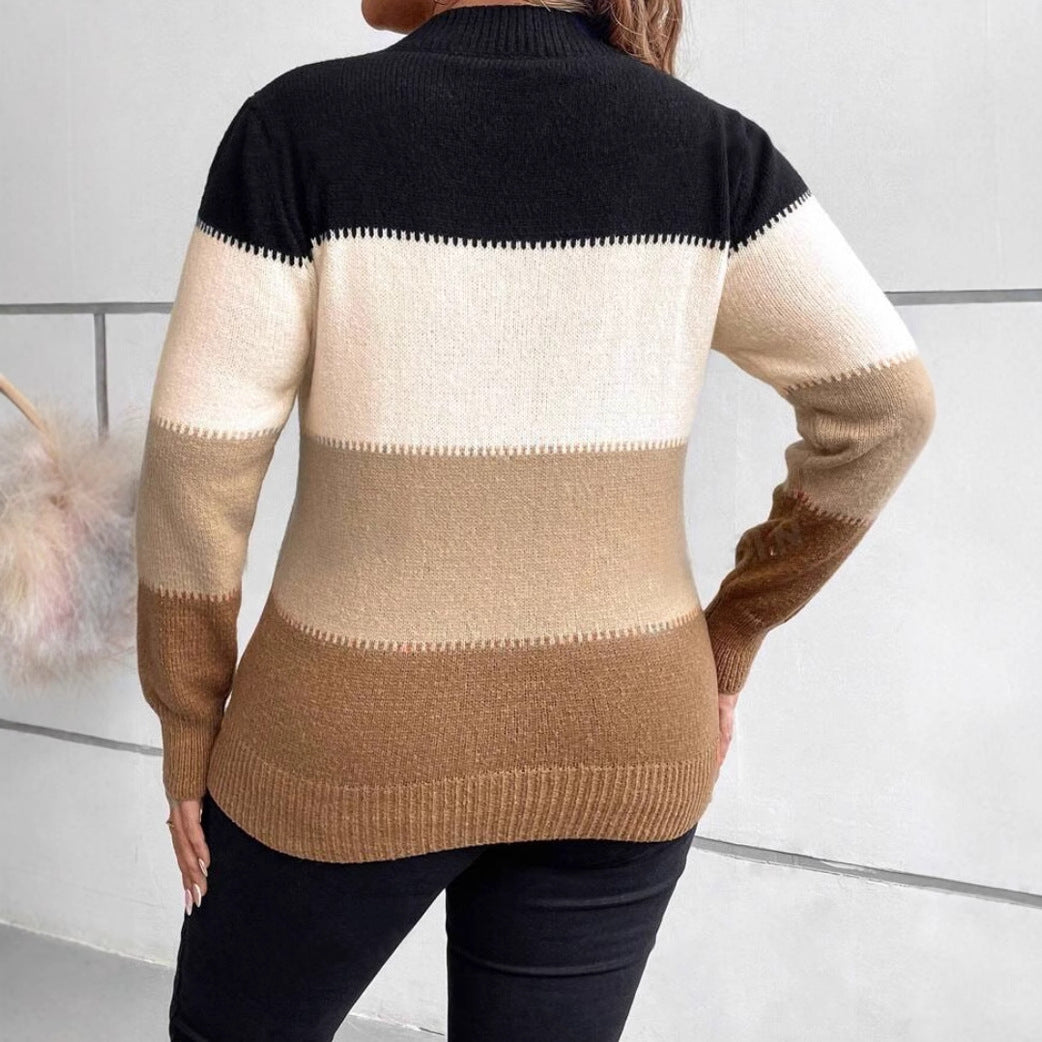 Women's Knit Sweater – Relaxed Fit – Round Neck – Long Sleeves – Color Block Design