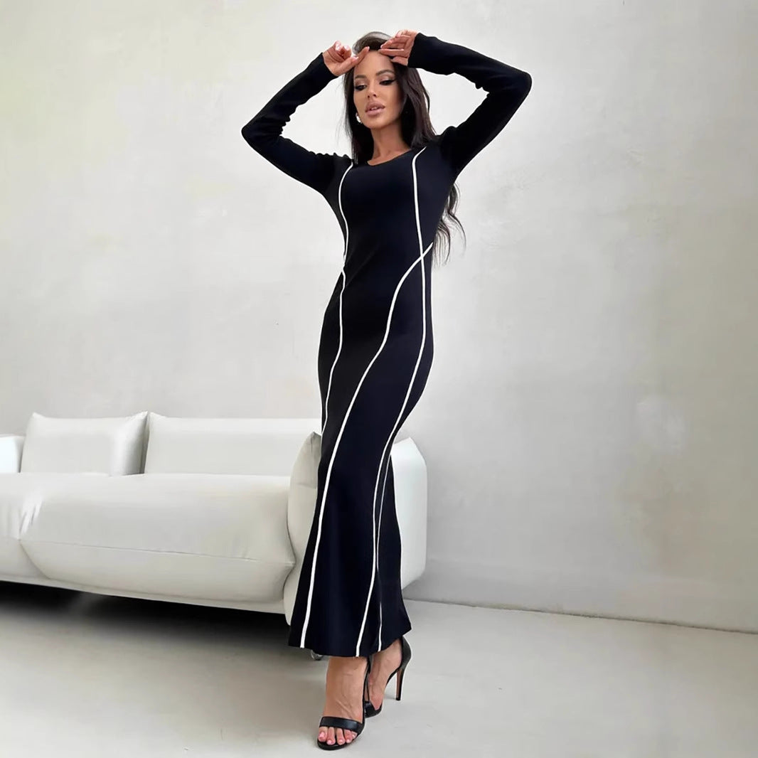 Dress for women – Bodycon fit – Long sleeves – Scoop neck – Contrast lines
