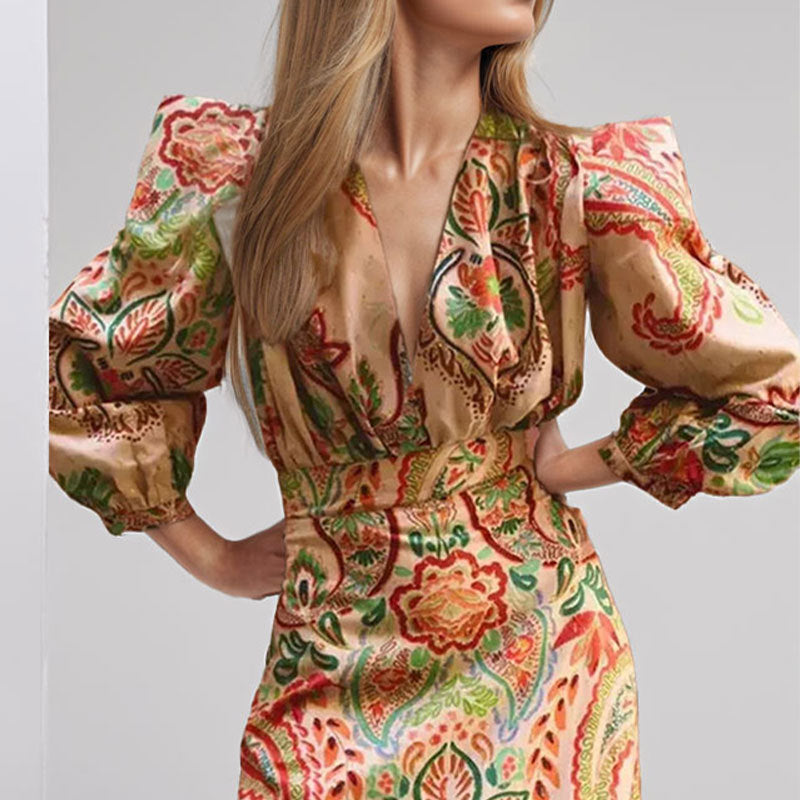 Long Sleeve Paisley A-line Dress