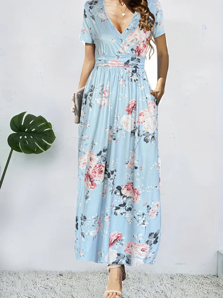 Floral Print Wrap A-Line Maxi Dress