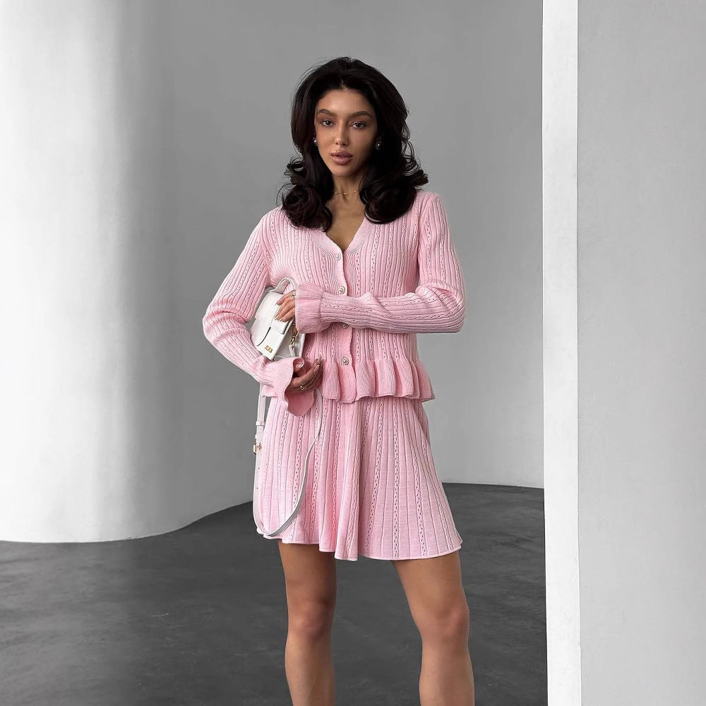 Women's Set with Knit – V-neck Top with Buttons – Ribbed Texture – Flared Mini Skirt