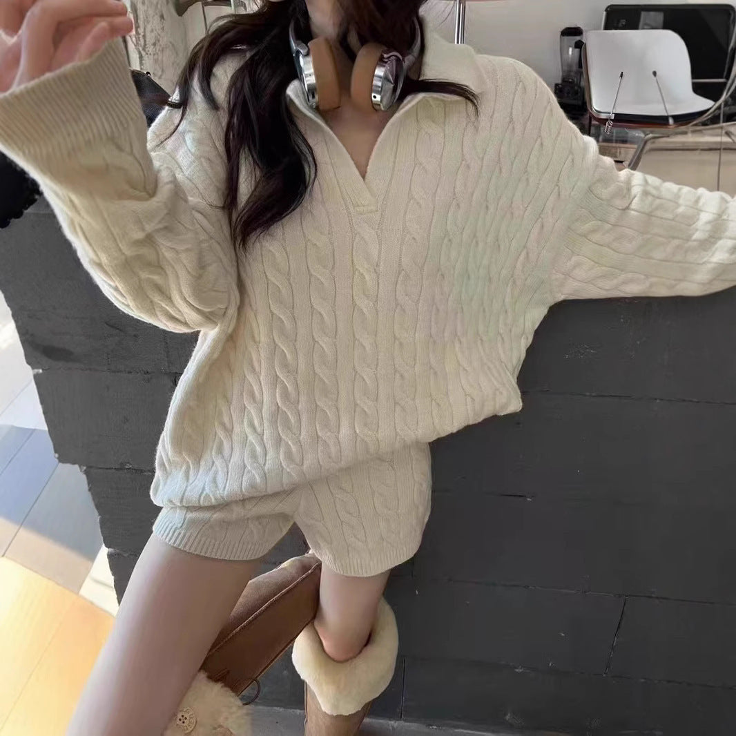 Two-Piece Set Relaxed Fit Cable Knit Wool Blend Pullover