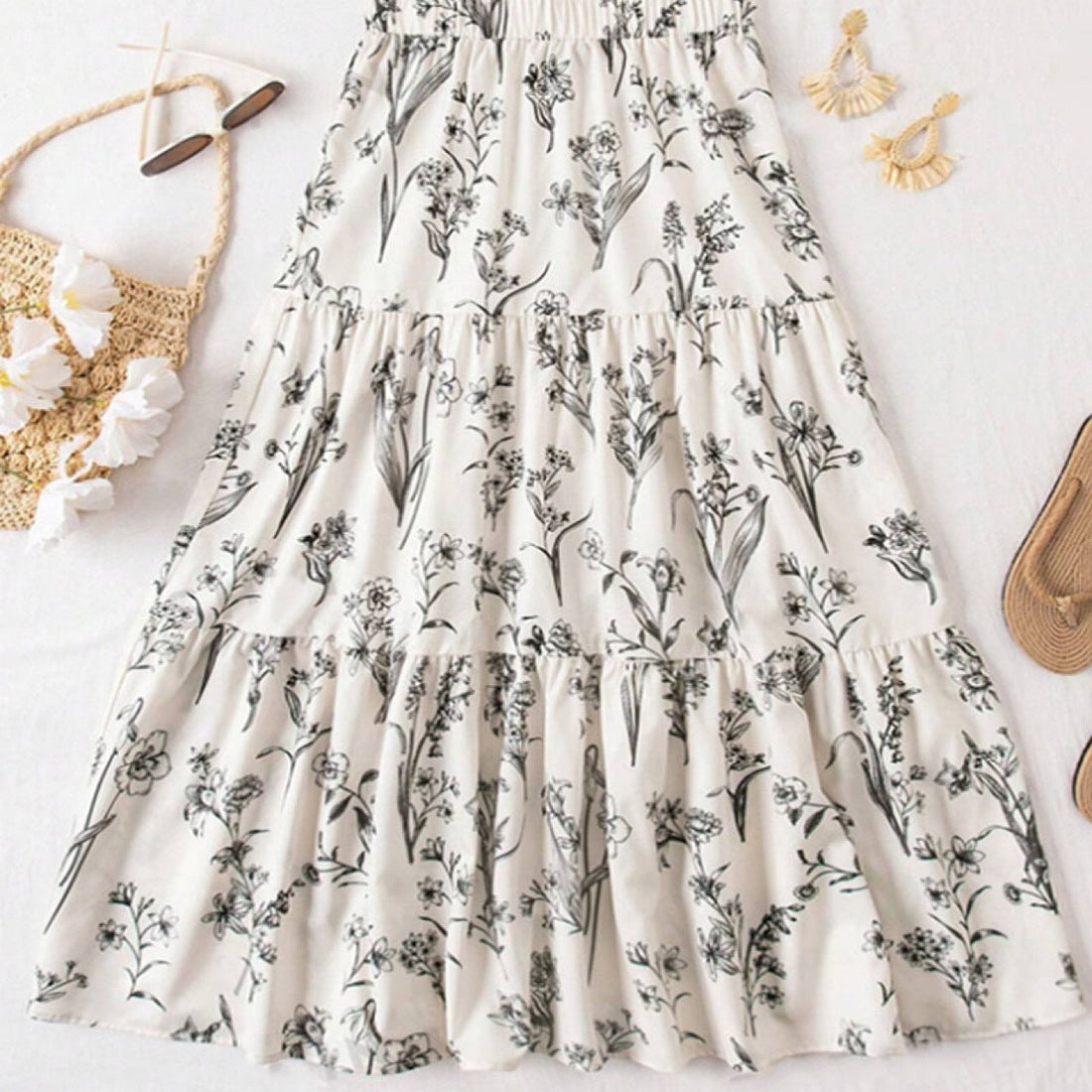 Light Breathable Floral Print Midi Skirt
