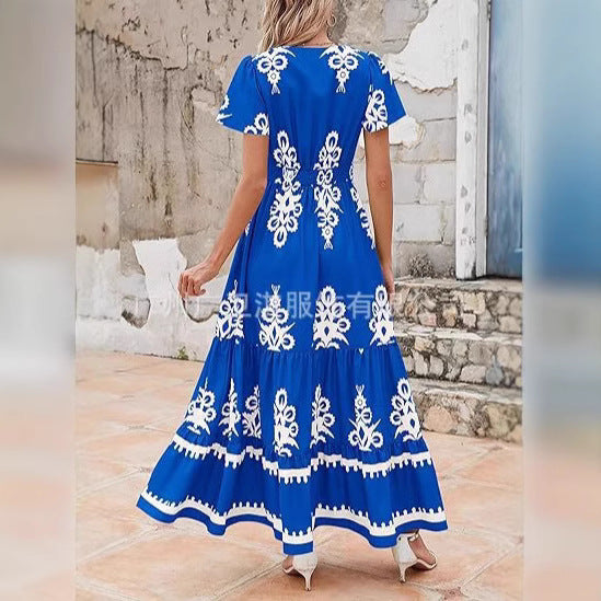 Women's Maxi Dress – V-Neck – A-Line with Ruffles – Floral – Short Sleeves